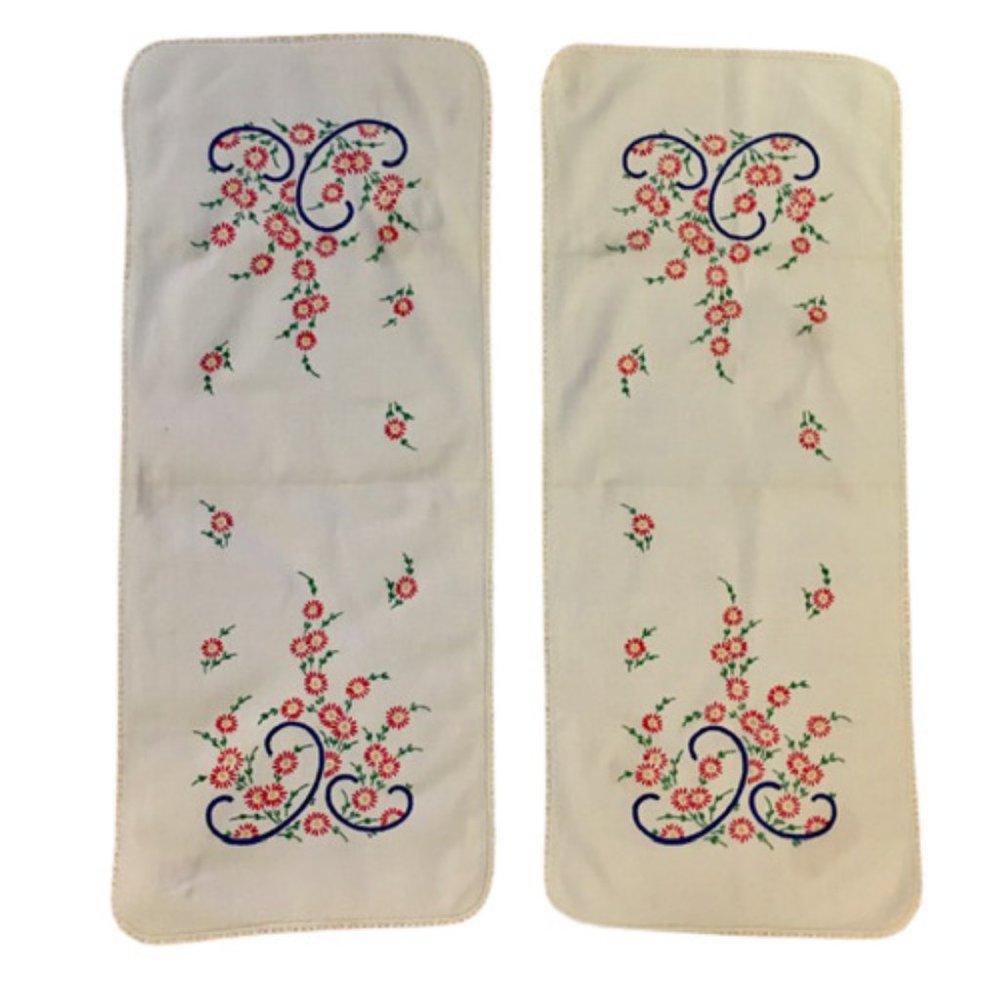 Dresser Scarves Table Runners Set of Two Vintage Hand Embroidered Red Green Blue